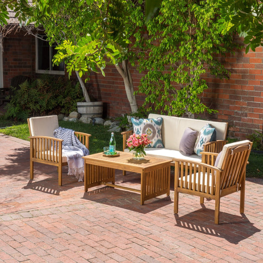 4-Piece Outdoor Wooden Patio Set with Coffee Table, 2 Chairs and Loveseat