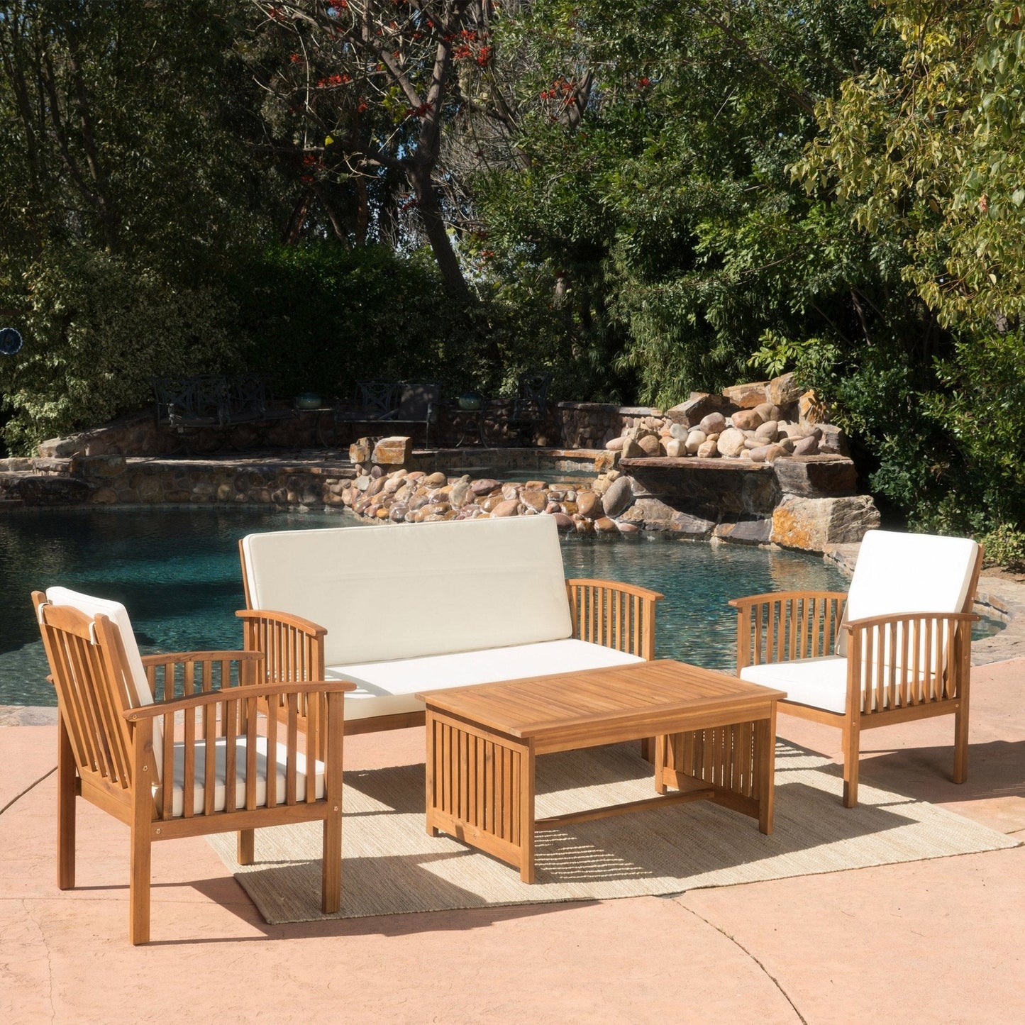4-Piece Outdoor Wooden Patio Set with Coffee Table, 2 Chairs and Loveseat
