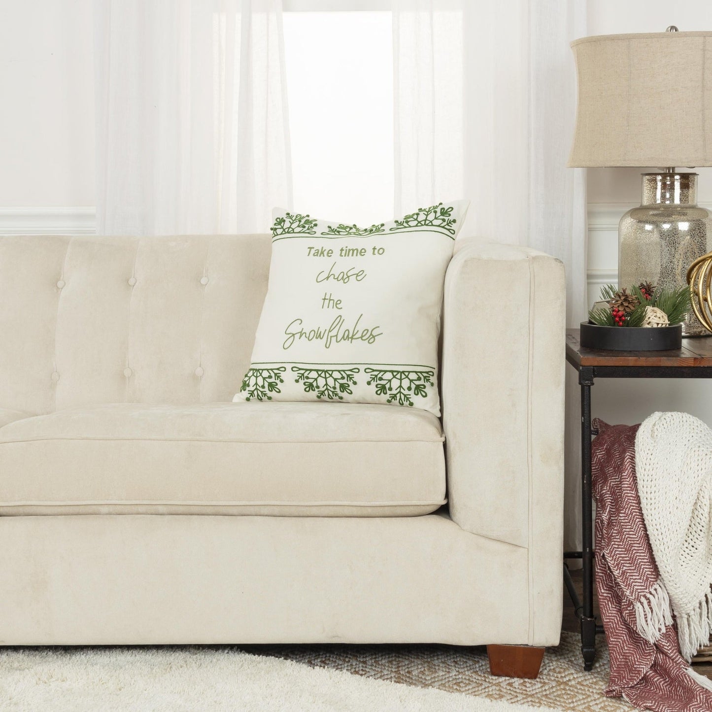 Green Embroidered Cotton Sentiment Decorative Throw Pillow