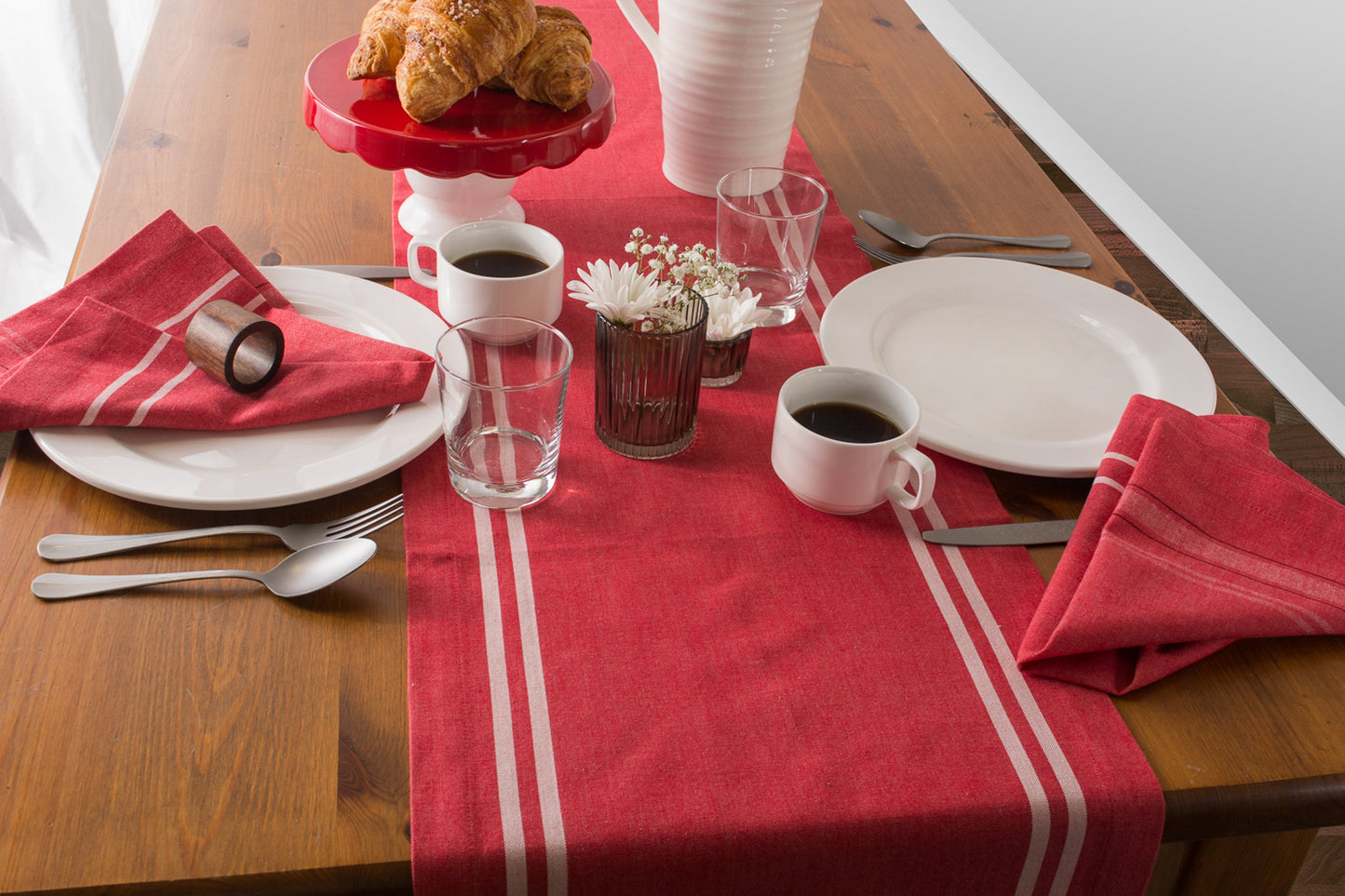 Tango Red Chambray French Stripe Table Runner 14X108
