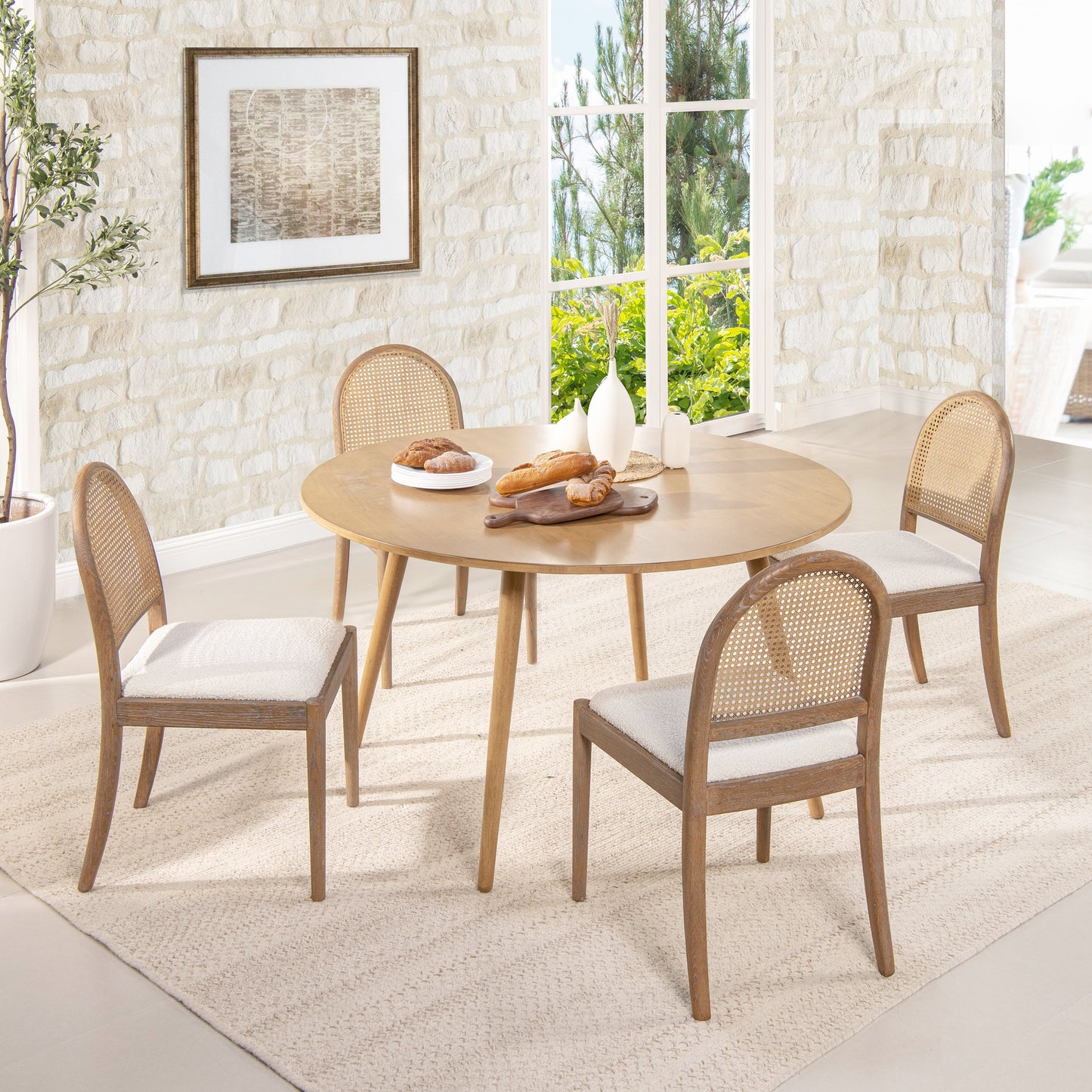 Dining Chair with Curved Cane Rattan Back, Set of 2