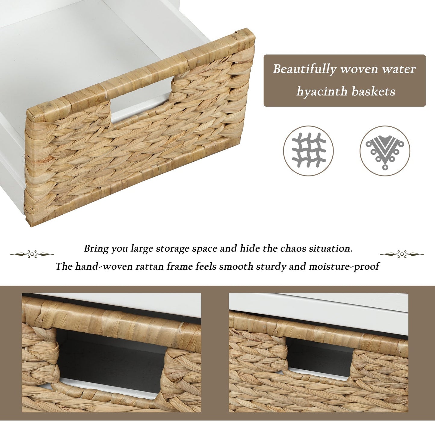 42'' Storage Bench with 3 Drawers and 3 Rattan Baskets