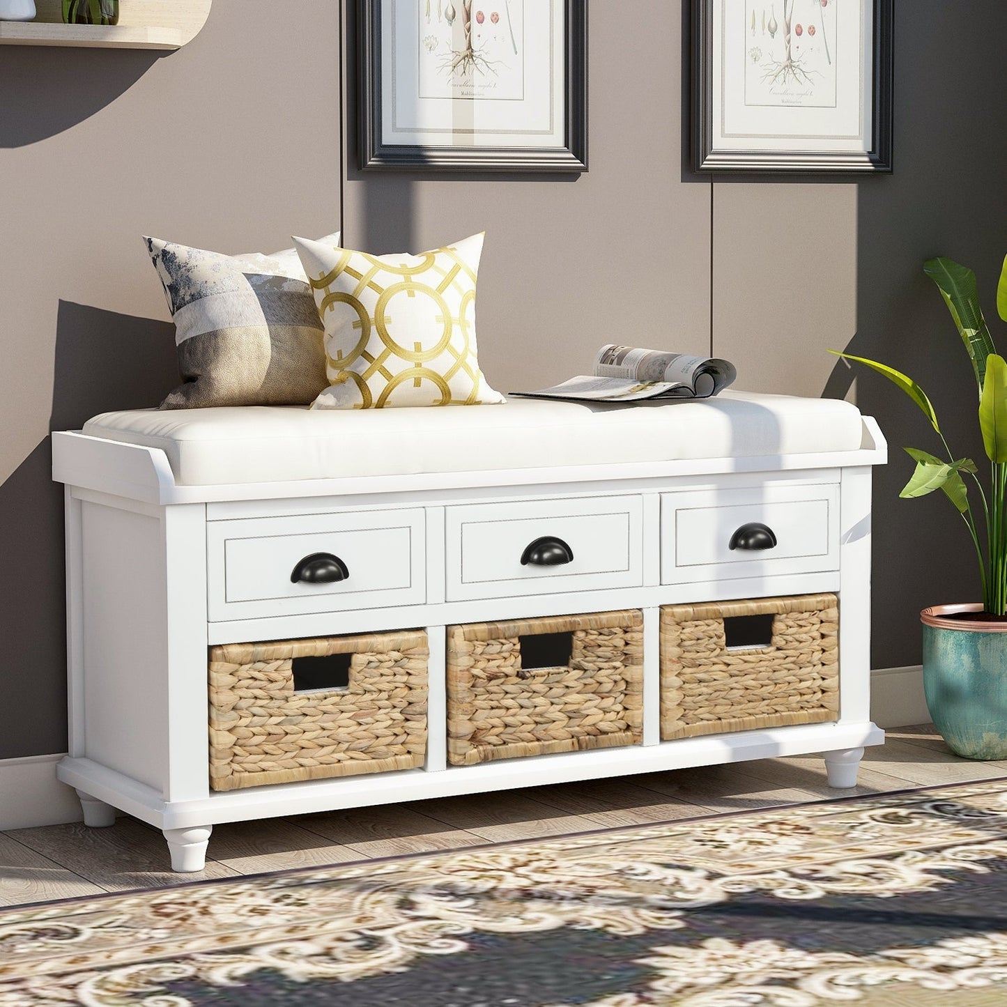 42'' Storage Bench with 3 Drawers and 3 Rattan Baskets