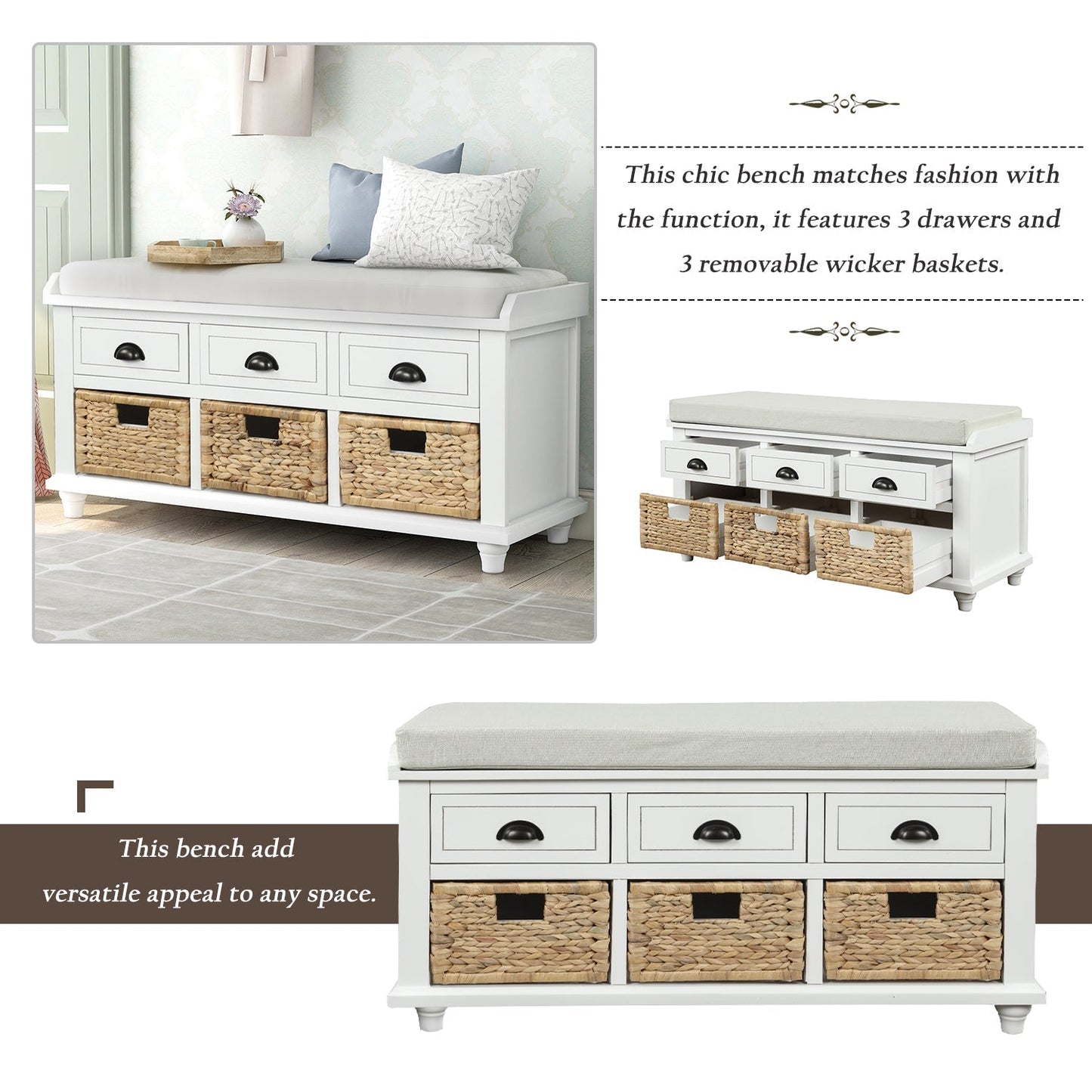 42'' Storage Bench with 3 Drawers and 3 Rattan Baskets