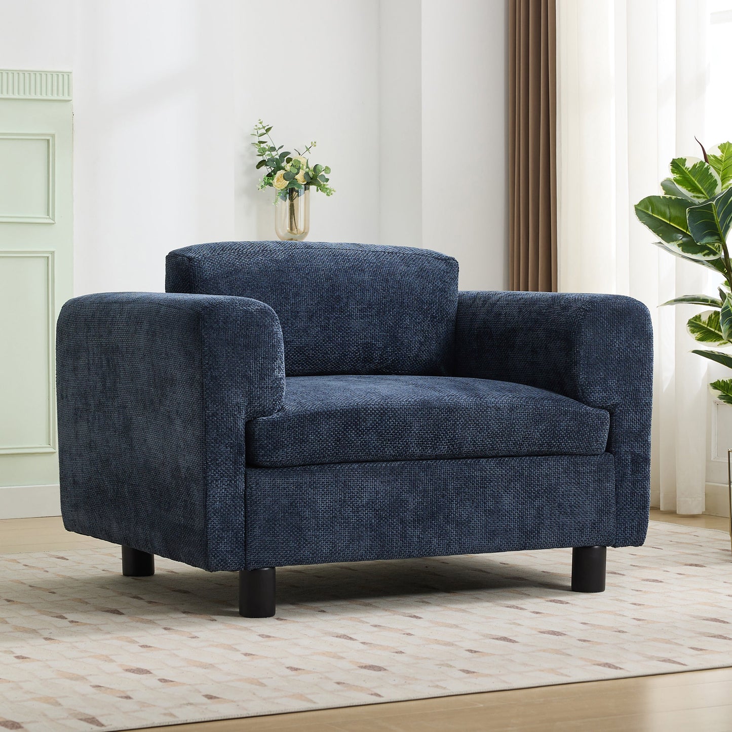 Elixired Upholstered Arm Chair with Tucked Armrests and Round Rubberwood Legs
