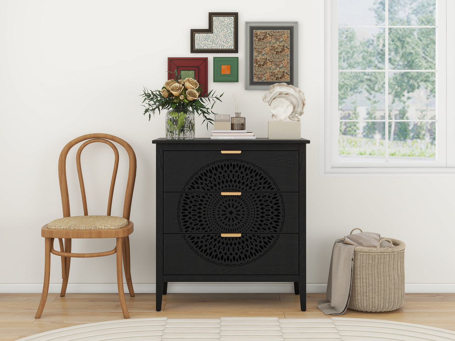 Abundanz 3-Drawer Dresser with Hollow Pattern and Metal Handle