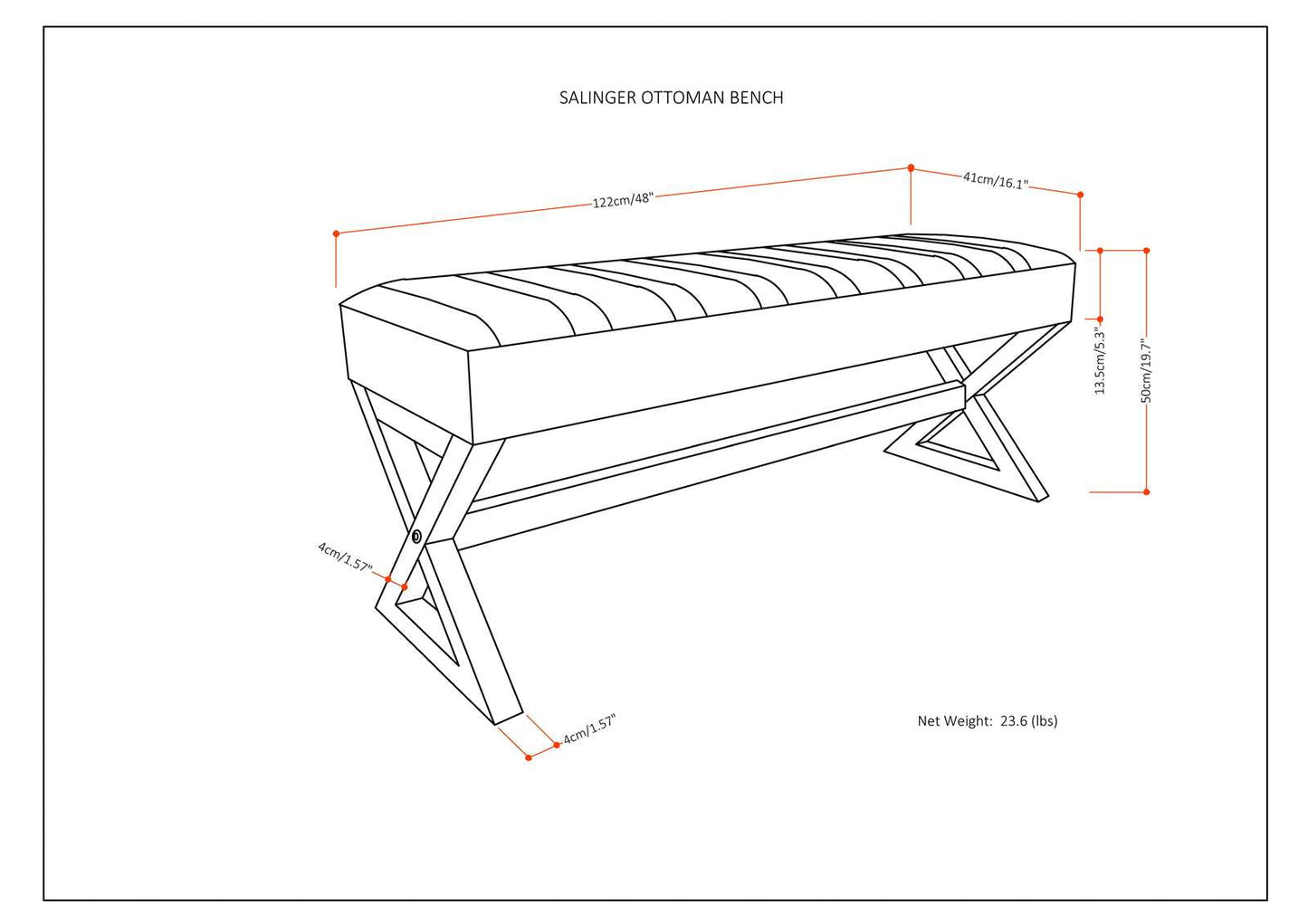 Bloom Upholstered Ottoman Bench with Vertical Stitching and X Design Trestle Base