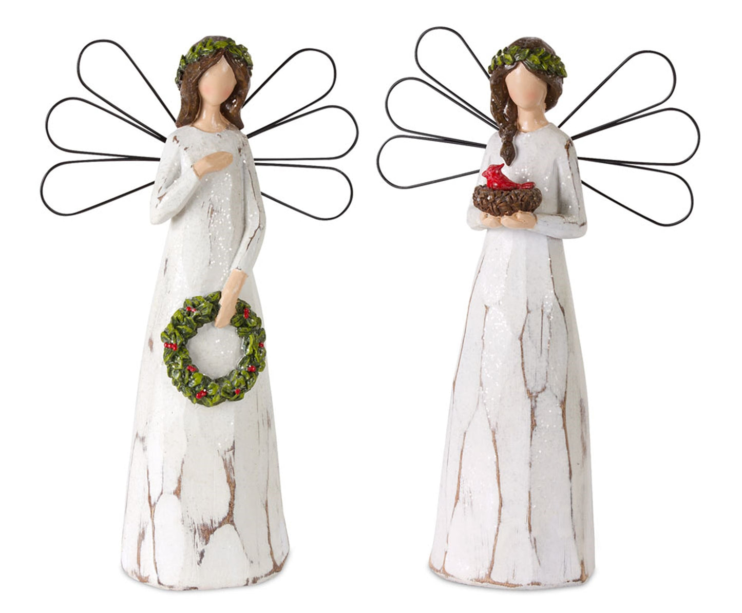 Frosted Winter Angel with Bird and Wreath Accent, Set of 2