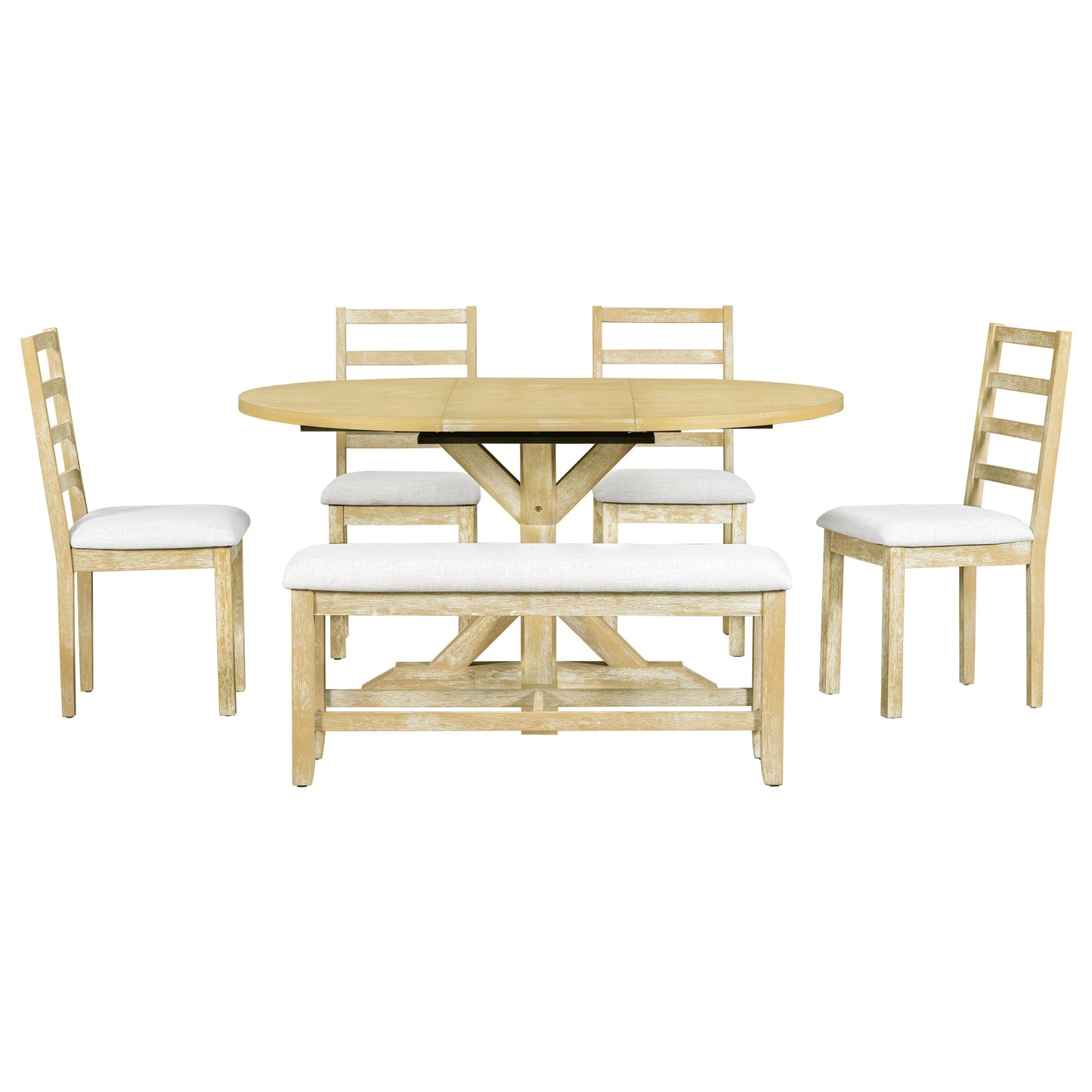 Kivor 6-Piece Dining Set with Extendable Table, Bench and 4 Ladder-Back Chairs