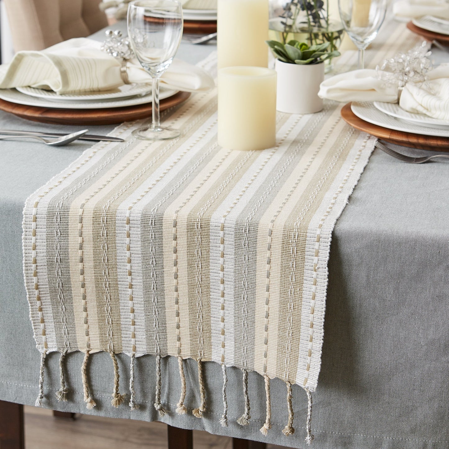 Natural Tonal Stripe With Fringe Table Runner 14X72