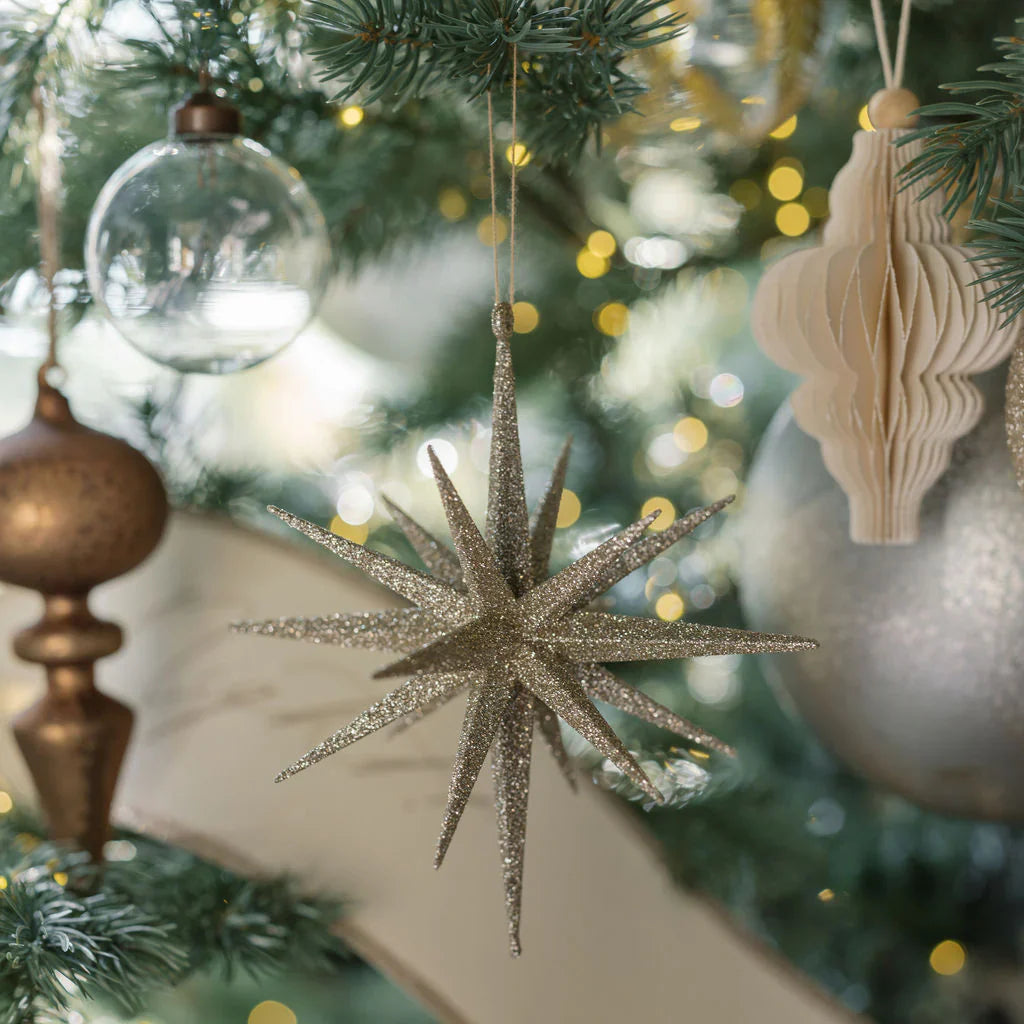 6" Gold Glitter Starburst Ornament, Set of 4