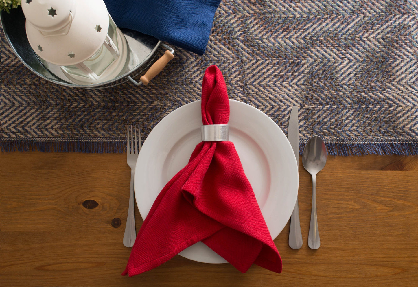French Blue  Chevron Burlap Table Runner 14X108