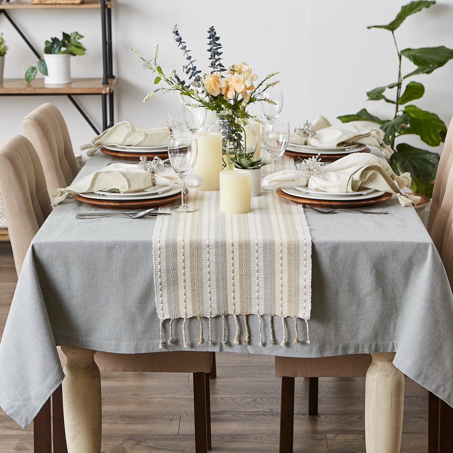 Natural Tonal Stripe With Fringe Table Runner 14X72