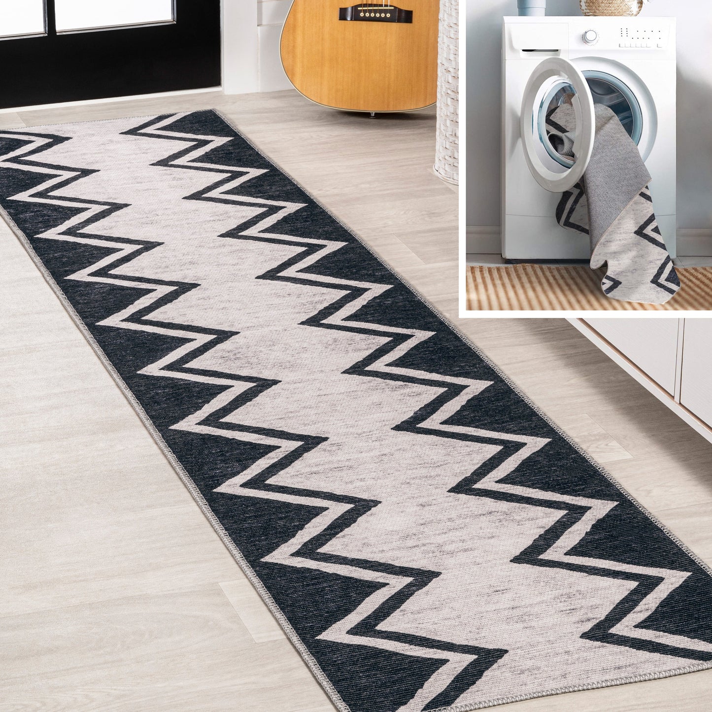 Siksak Modern Chevron Border Machine-Washable Area Rug