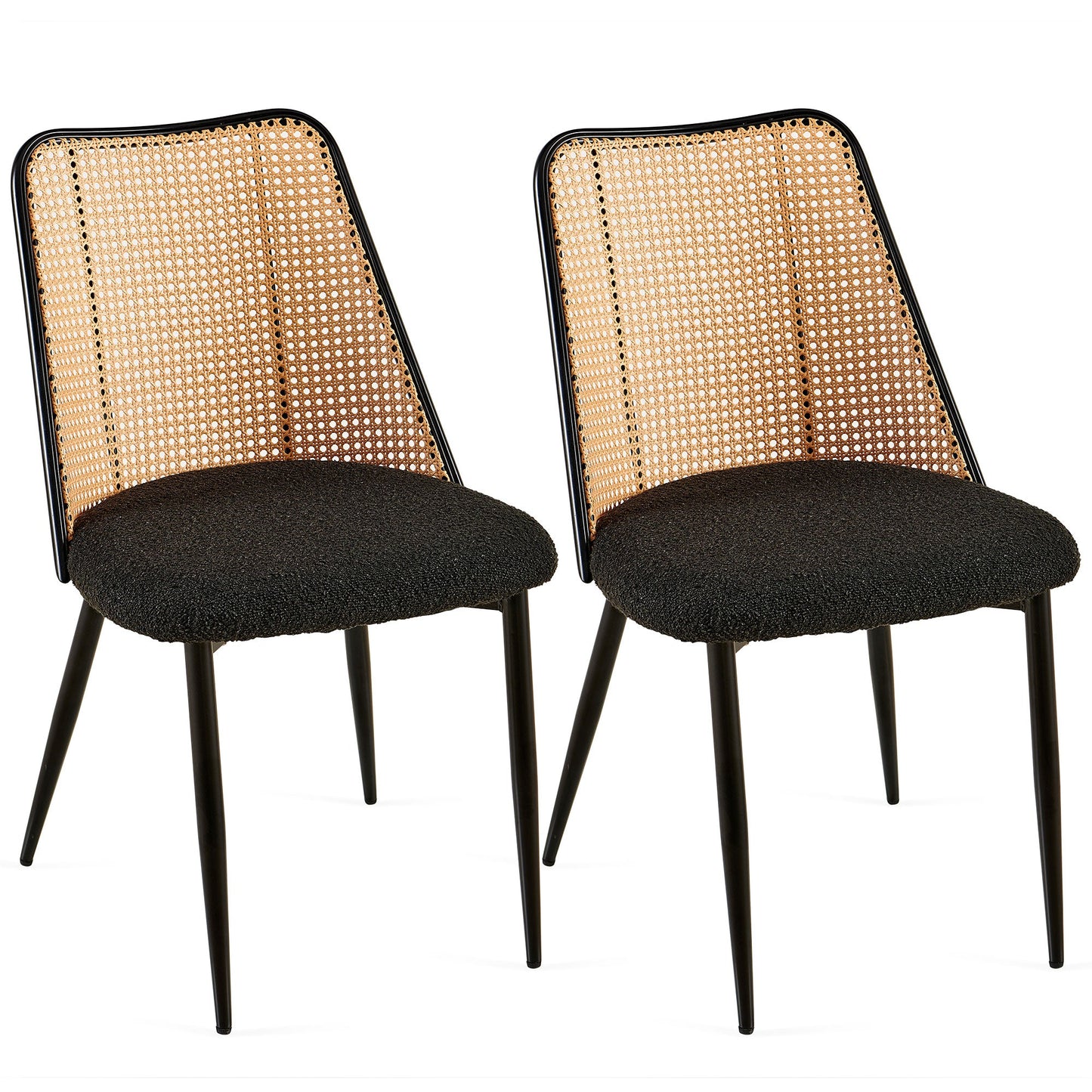 Upholstered Dining Chair with Natural Cane Back and Metal Legs, Set of 2