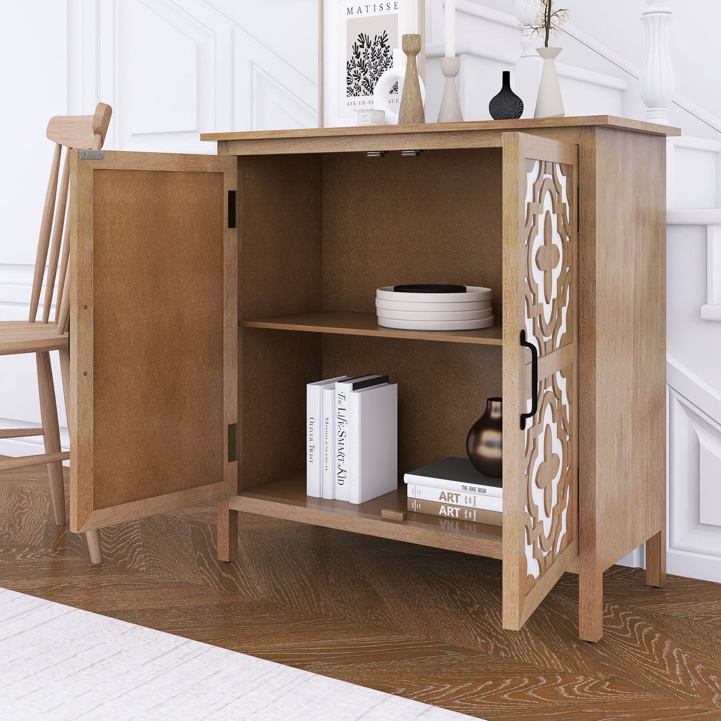 Hand-Carved 2 Doors Accent Cabinet with Shelves and Metal Handle