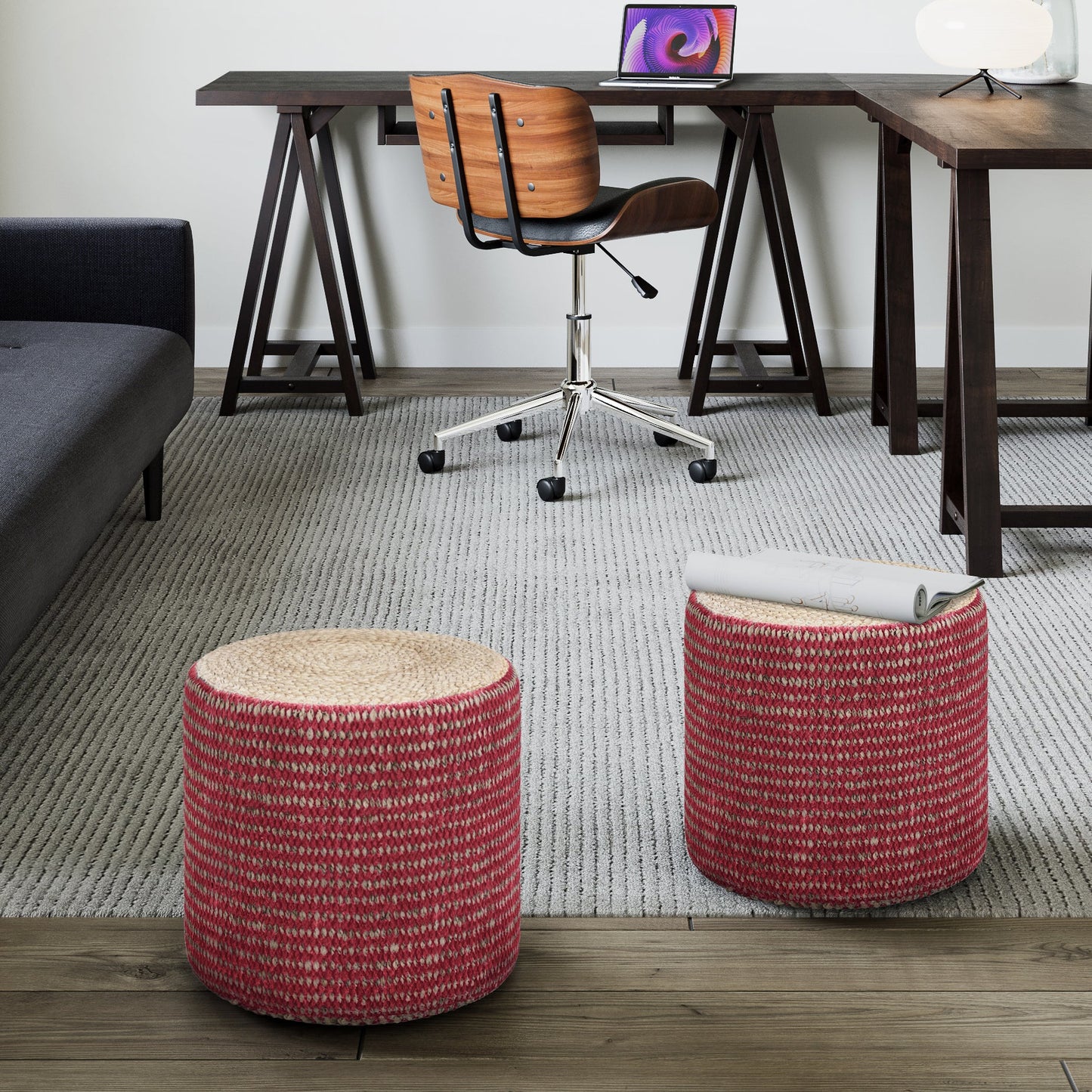 Multi-functional Handcrafted Round Pouf with Hand Braided Jute