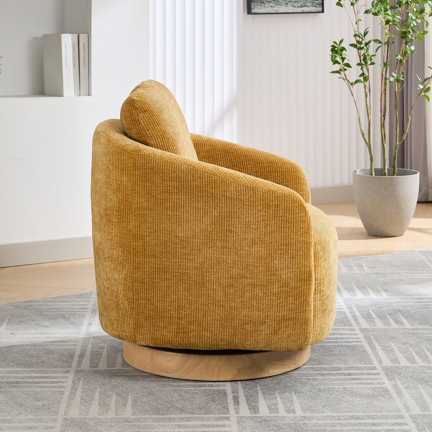 Actuator Upholstered Barrel Chair with 360-Degree Swivel Base and Curved Arms