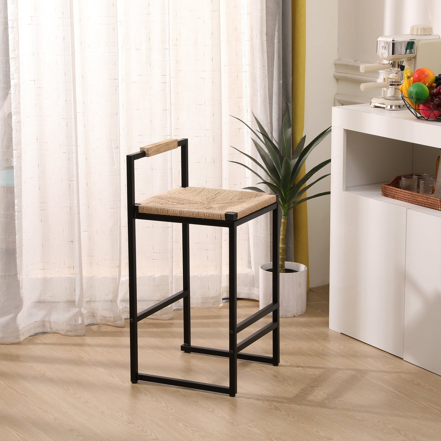 Rope Woven Bar Stool with Low Back and Metal Base, Set of 2