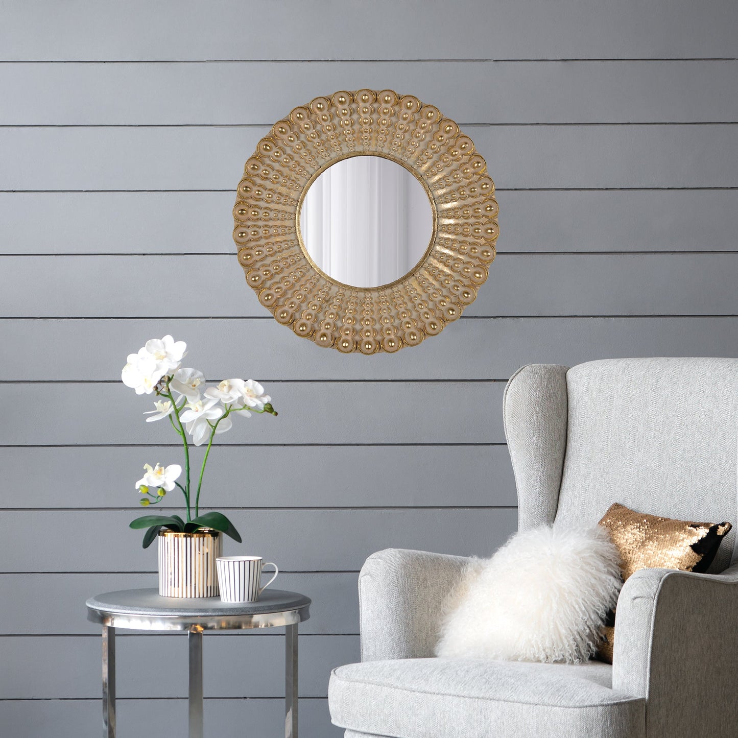 Whimsyes Round Mirror with Radiant Beaded Sunburst Design
