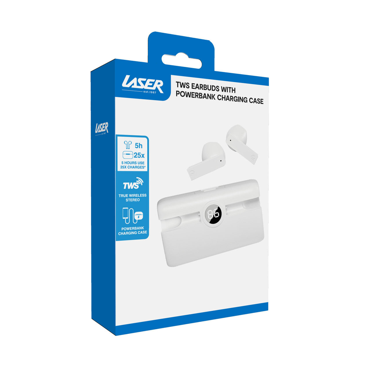 Laser TWS Earbuds with Powerbank Charging Case (White)