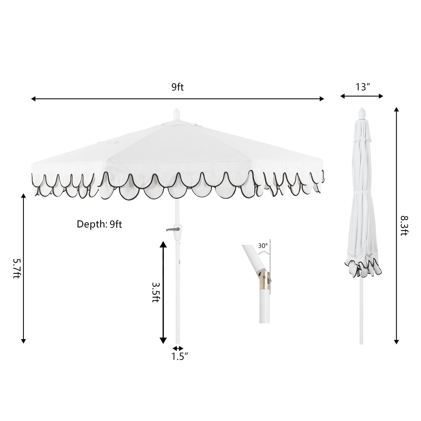 Tracy Classic MidCentury Scalloped Fringe Market Patio Umbrella with Auto-Tilt