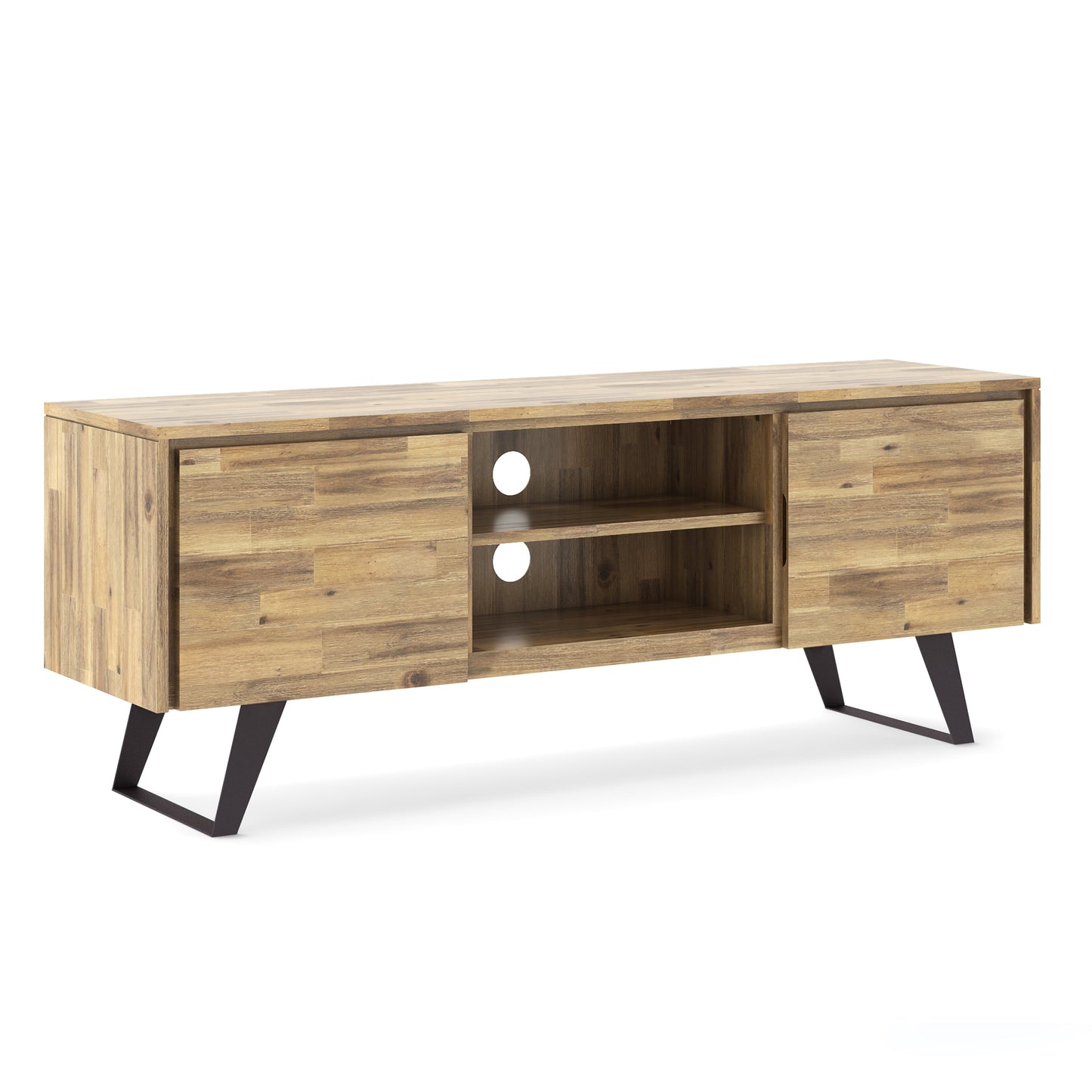 Pioneer TV Stand for TVs Up To 70 Inches with 2 Side Doors, Open Central Shelves and Metal Angled Legs