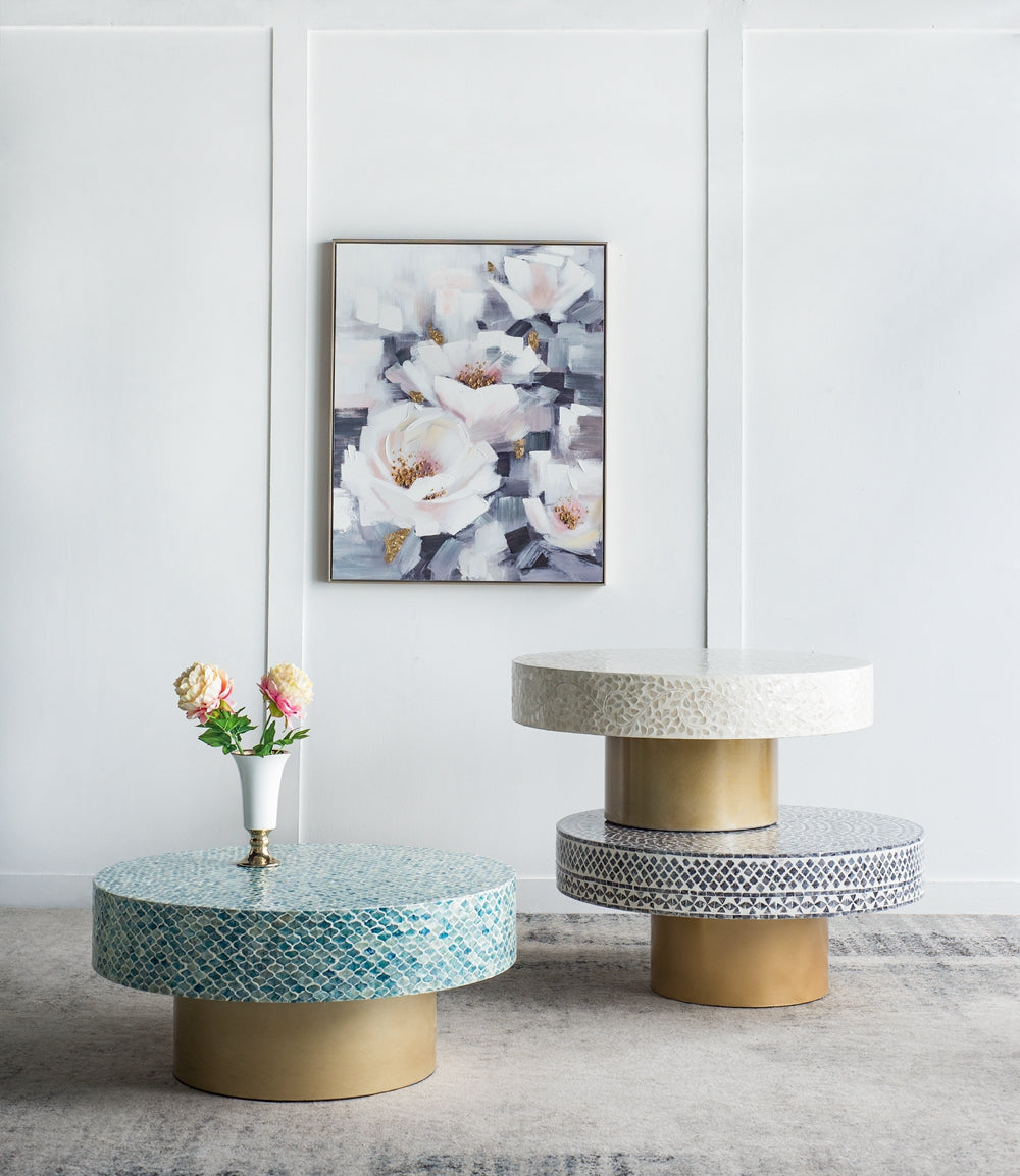 Alacrits Round Coffee Table with Capiz Design and Pedestal Base