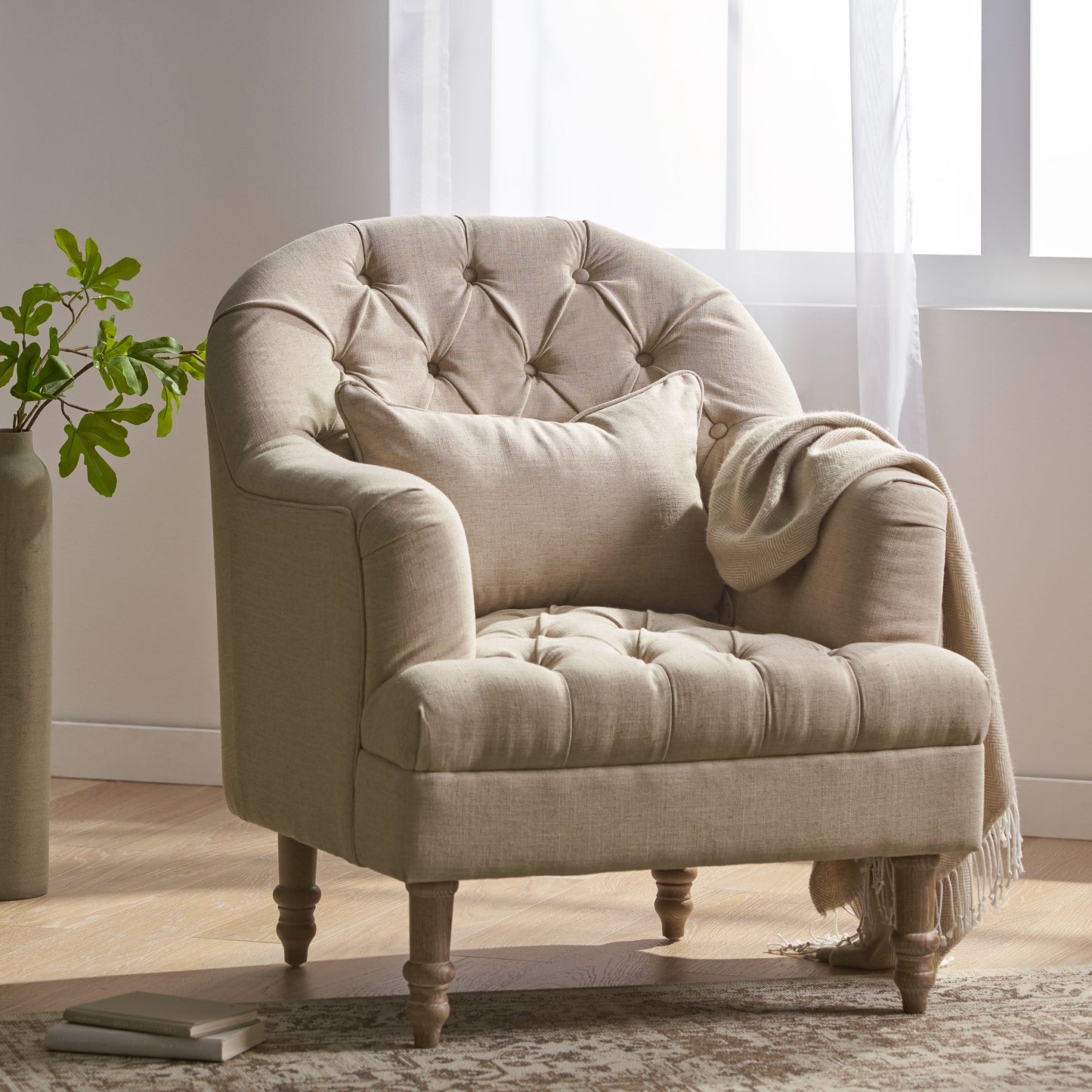 Button Tufted Accent Chair with Decorative Pillow