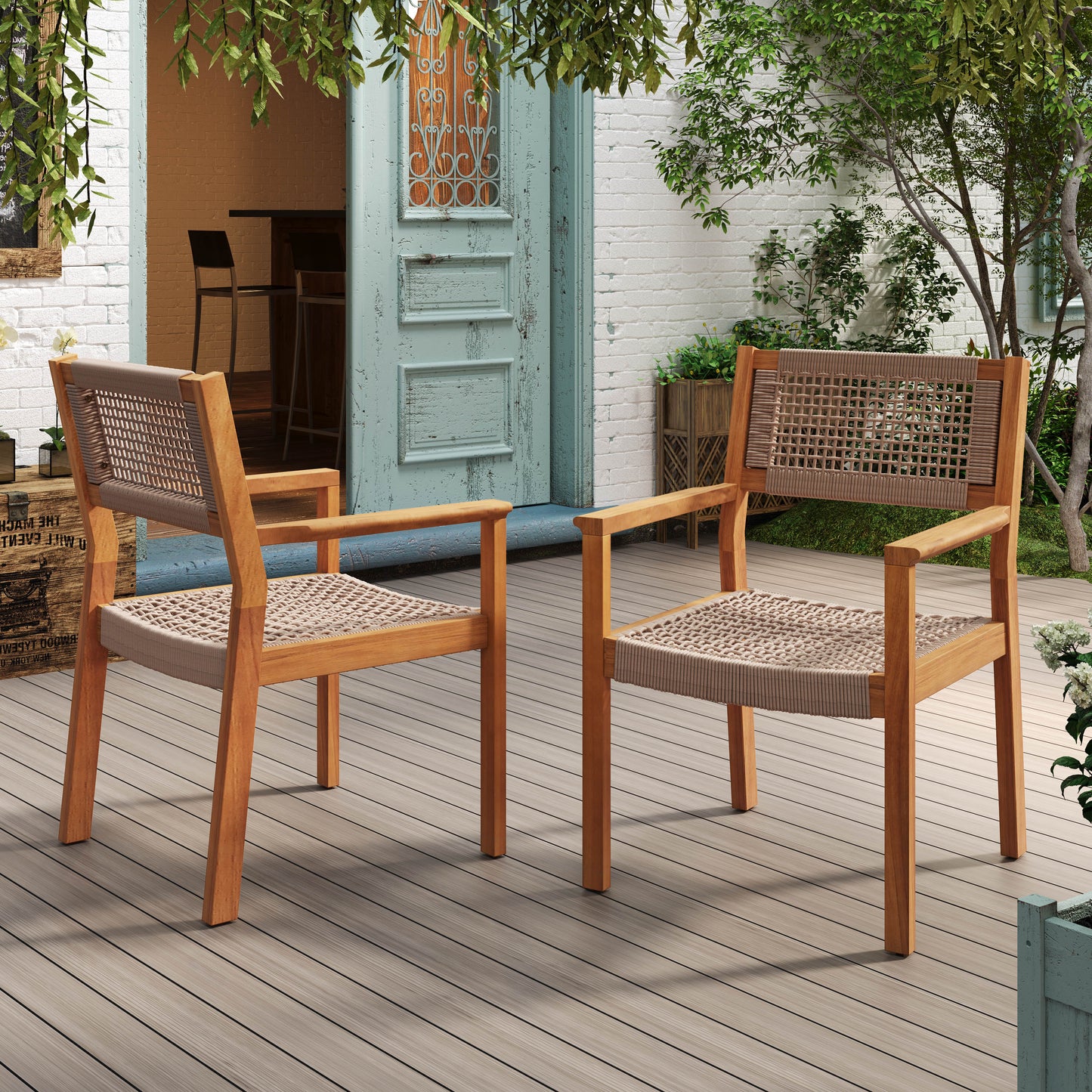 Belladom Wood and Rope Dining Chair with Open Back, Set of 2