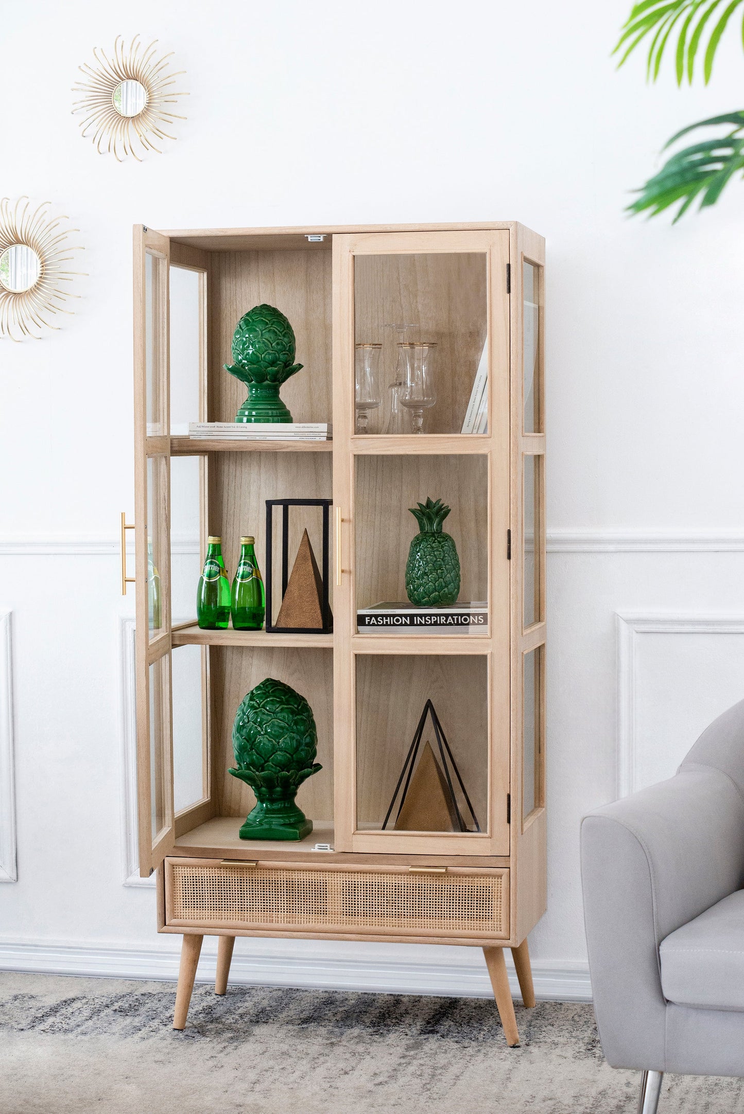 Tall Cabinet with 2 Glass Doors and Rattan Drawer