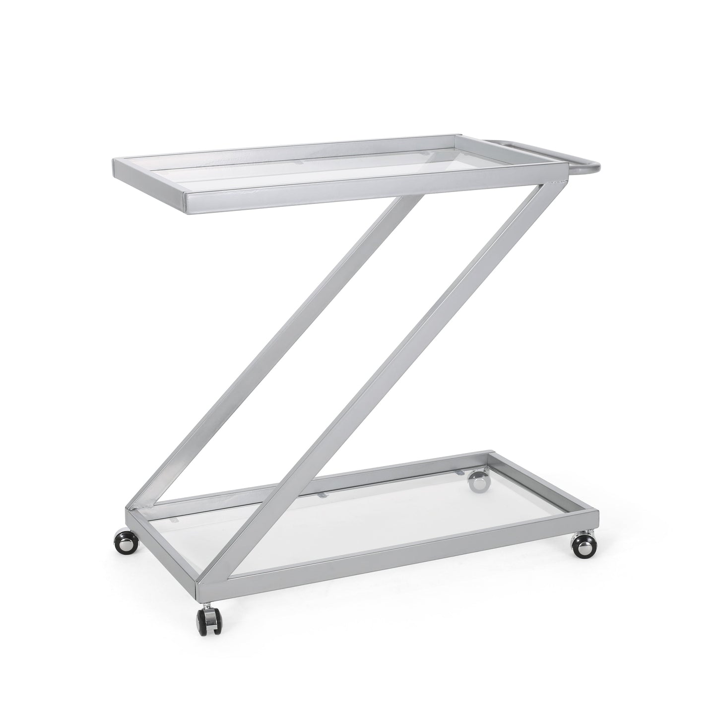 Z-Shape Bar Cart with 2 Glass Shelves and Rolling Casters