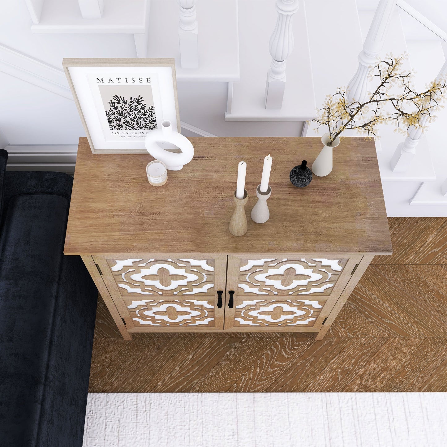 Hand-Carved 2 Doors Accent Cabinet with Shelves and Metal Handle