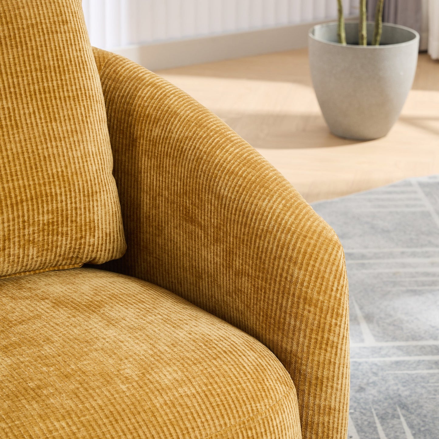 Actuator Upholstered Barrel Chair with 360-Degree Swivel Base and Curved Arms