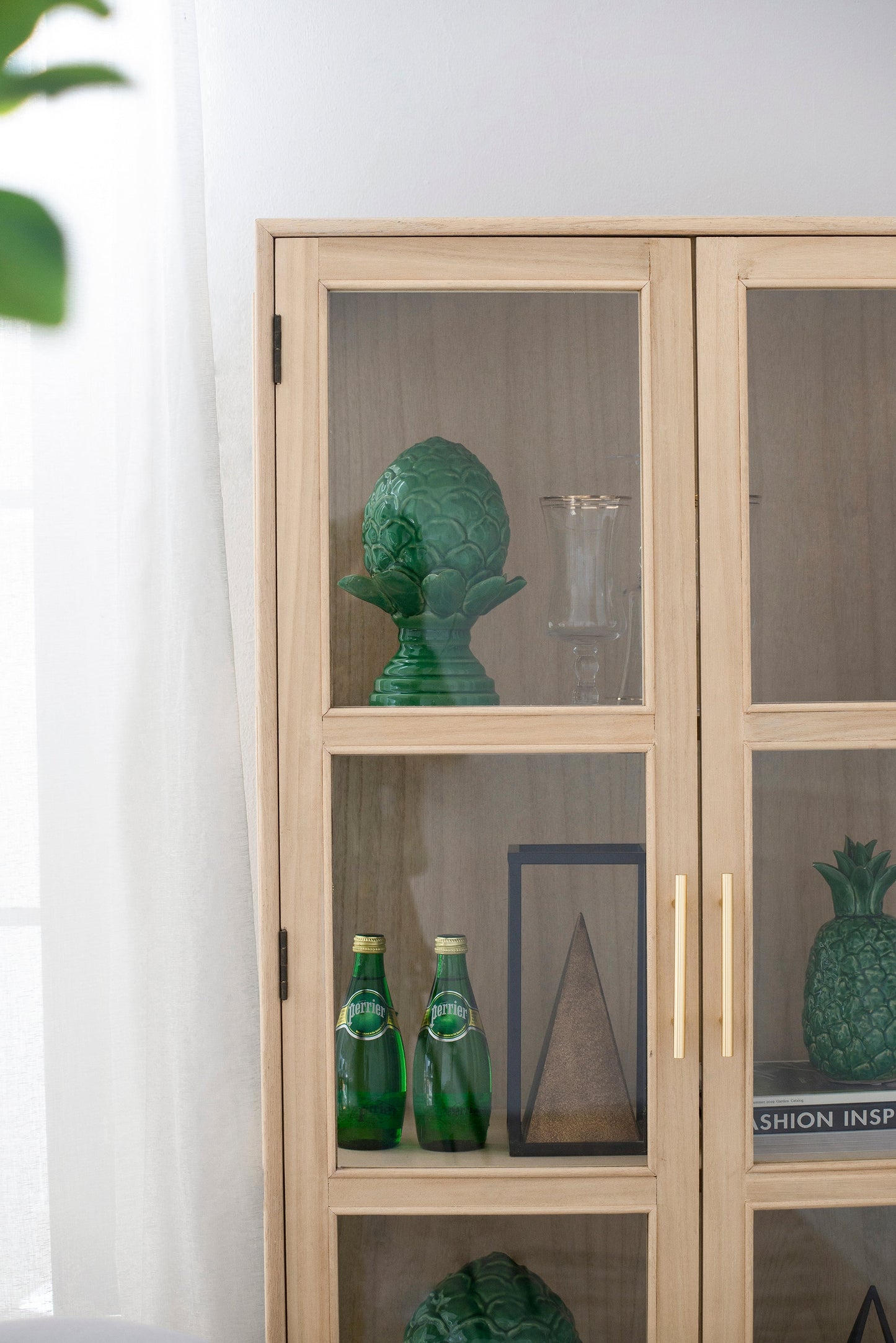 Tall Cabinet with 2 Glass Doors and Rattan Drawer