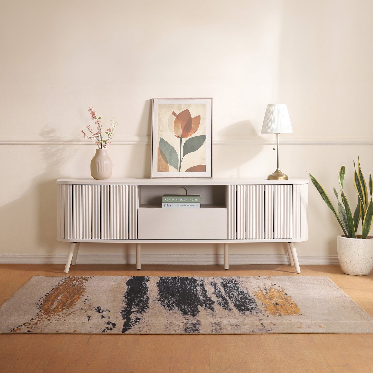 Damien Farmhouse Curved TV Stand with Drawer and Storage Doors Fits TVs up to 75 in. with Cable Management