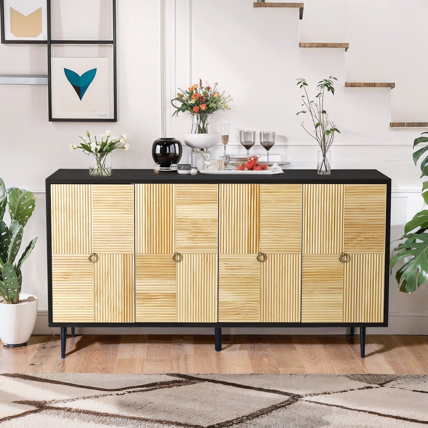 4-Door Cabinet with Carved Effect Decoration Doors and Metal Legs