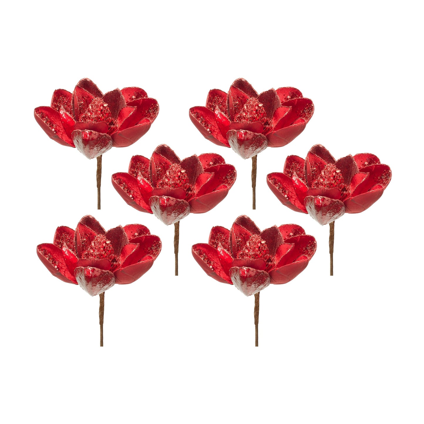 Red Velvet Magnolia Stem with Bead Accents, Set of 6