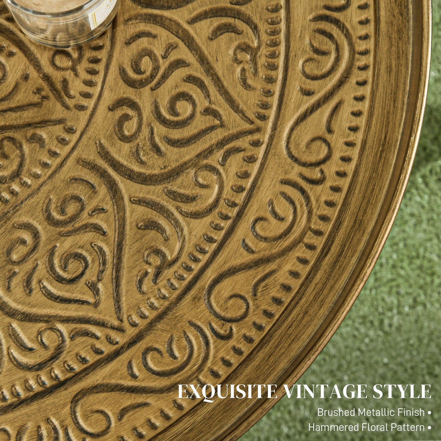 Round Coffee Table with Hammered Tray Top and X-Shaped Metal Base