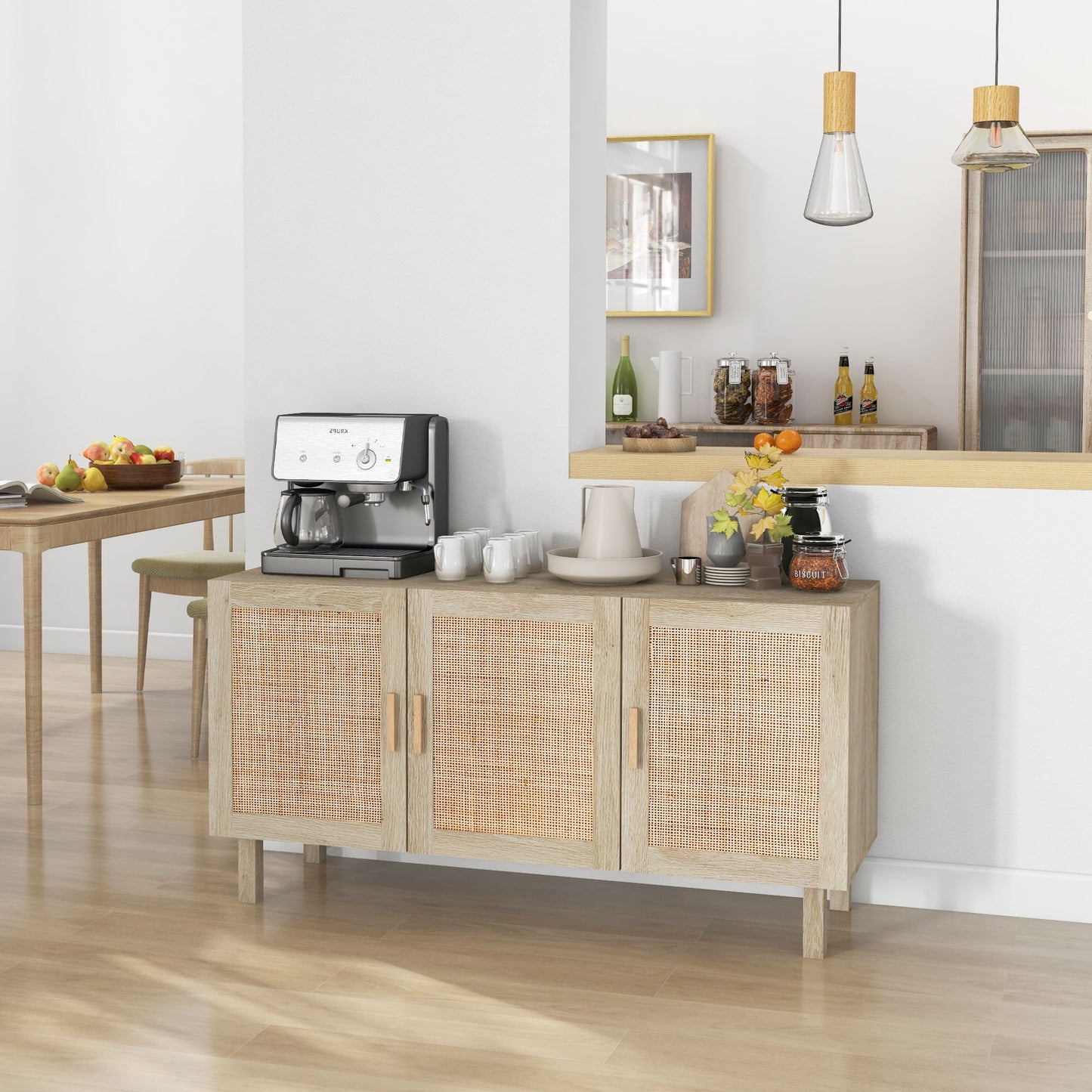 Particle Board Cabinet with 3 Rattan Doors and Adjustable Shelves