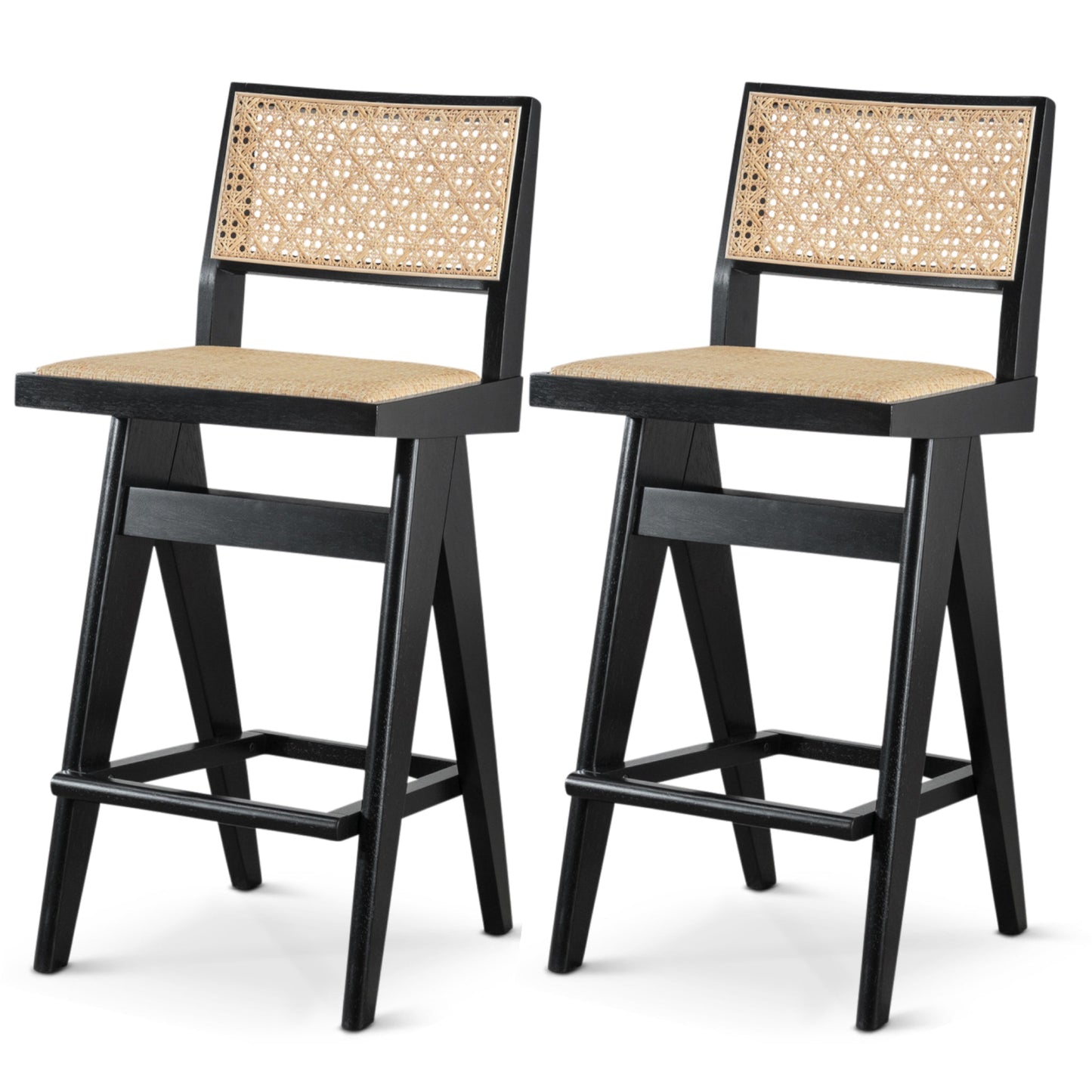 Rattan Bar Stool with Footrest and Open Back Design, Set of 2