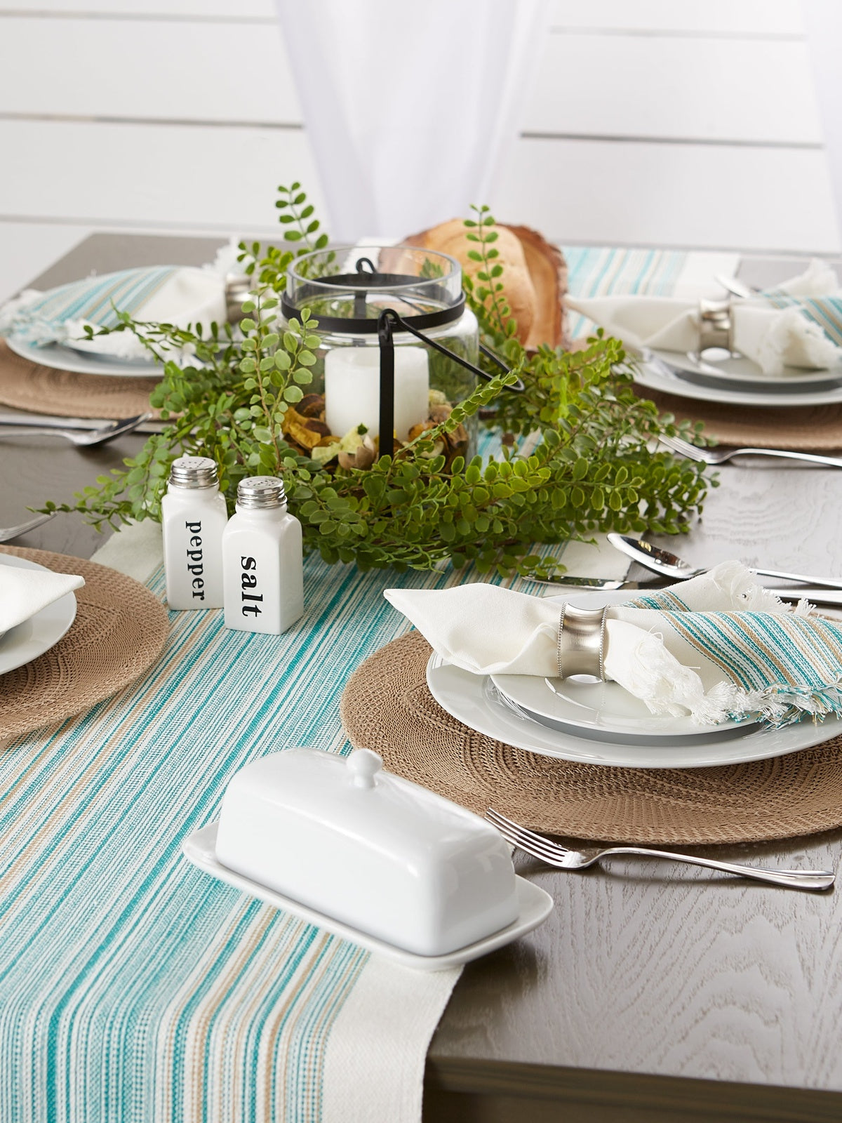Teal Blue Striped Fringe Ribbed Table Runner 14X108