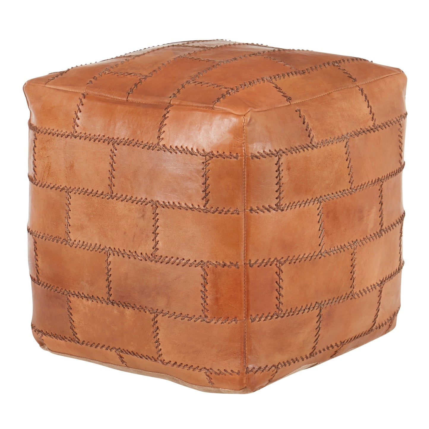 Leather Pouf with Patchwork Stitching