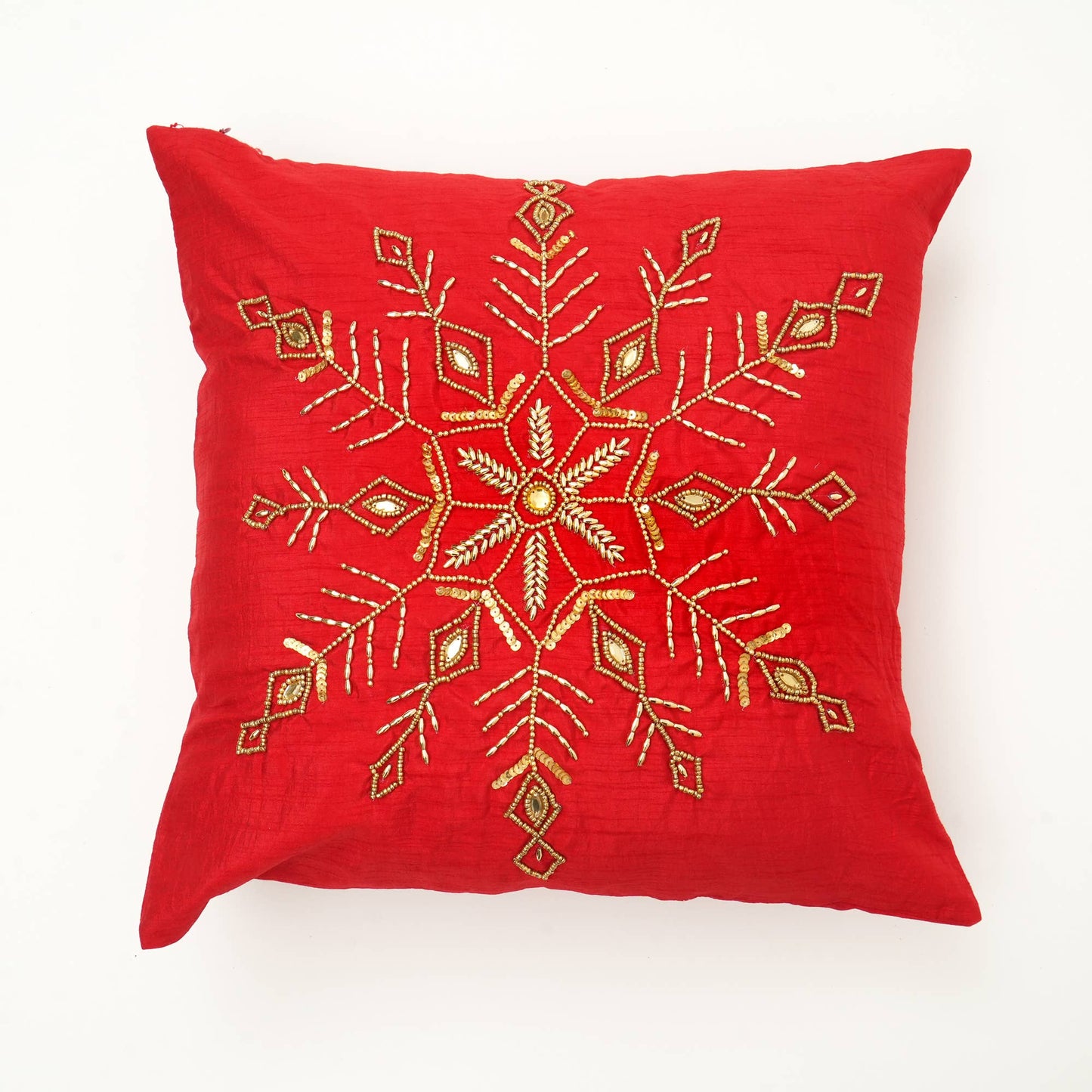 Golden Snowflake Beaded Decorative Pillow