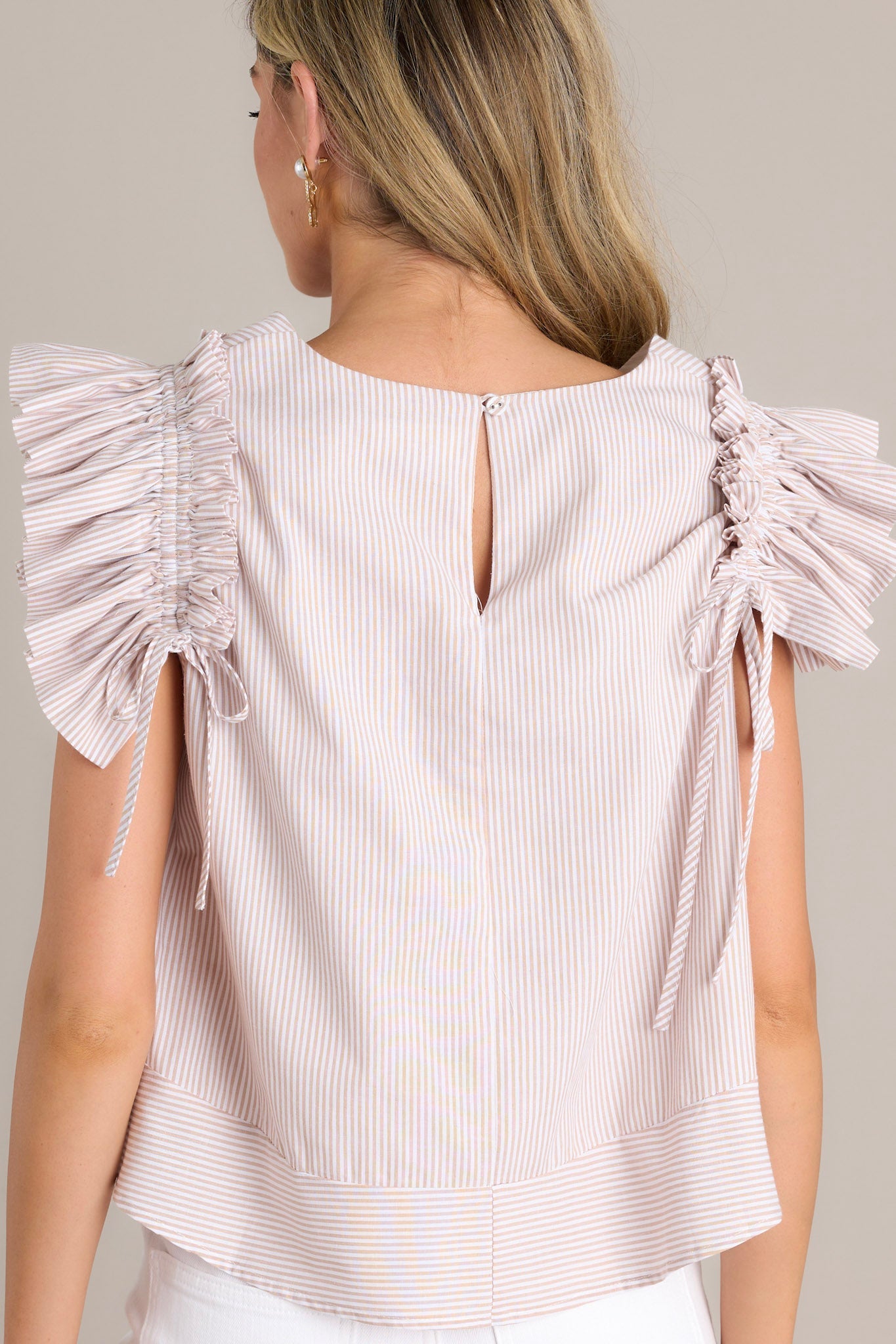 Tidal Grace Taupe Stripe 100% Cotton Ruffle Sleeve Top