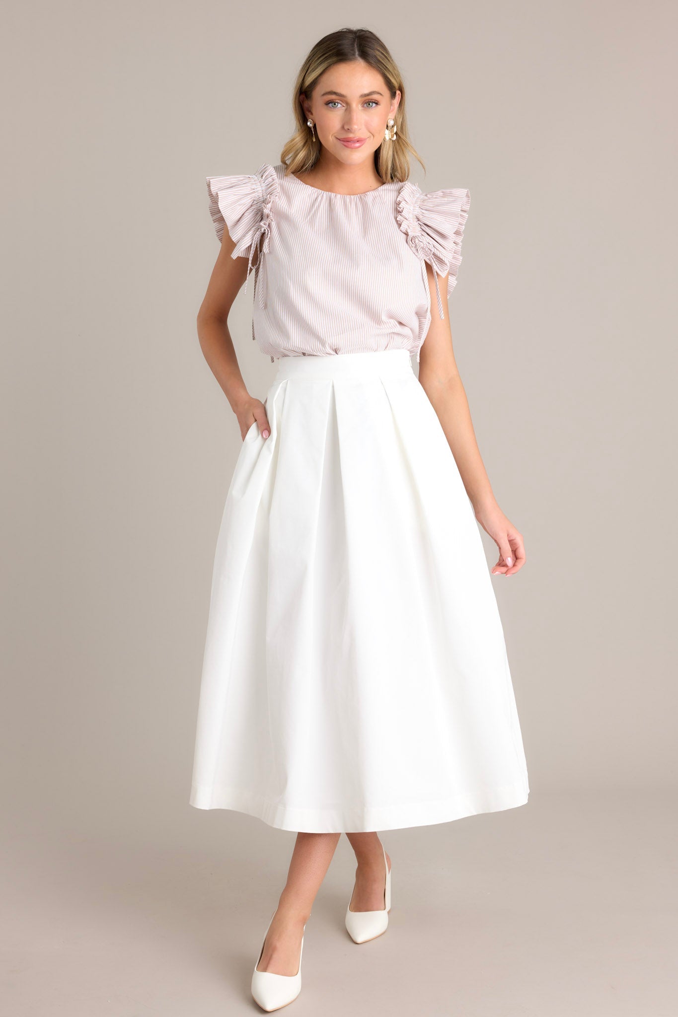 Tidal Grace Taupe Stripe 100% Cotton Ruffle Sleeve Top