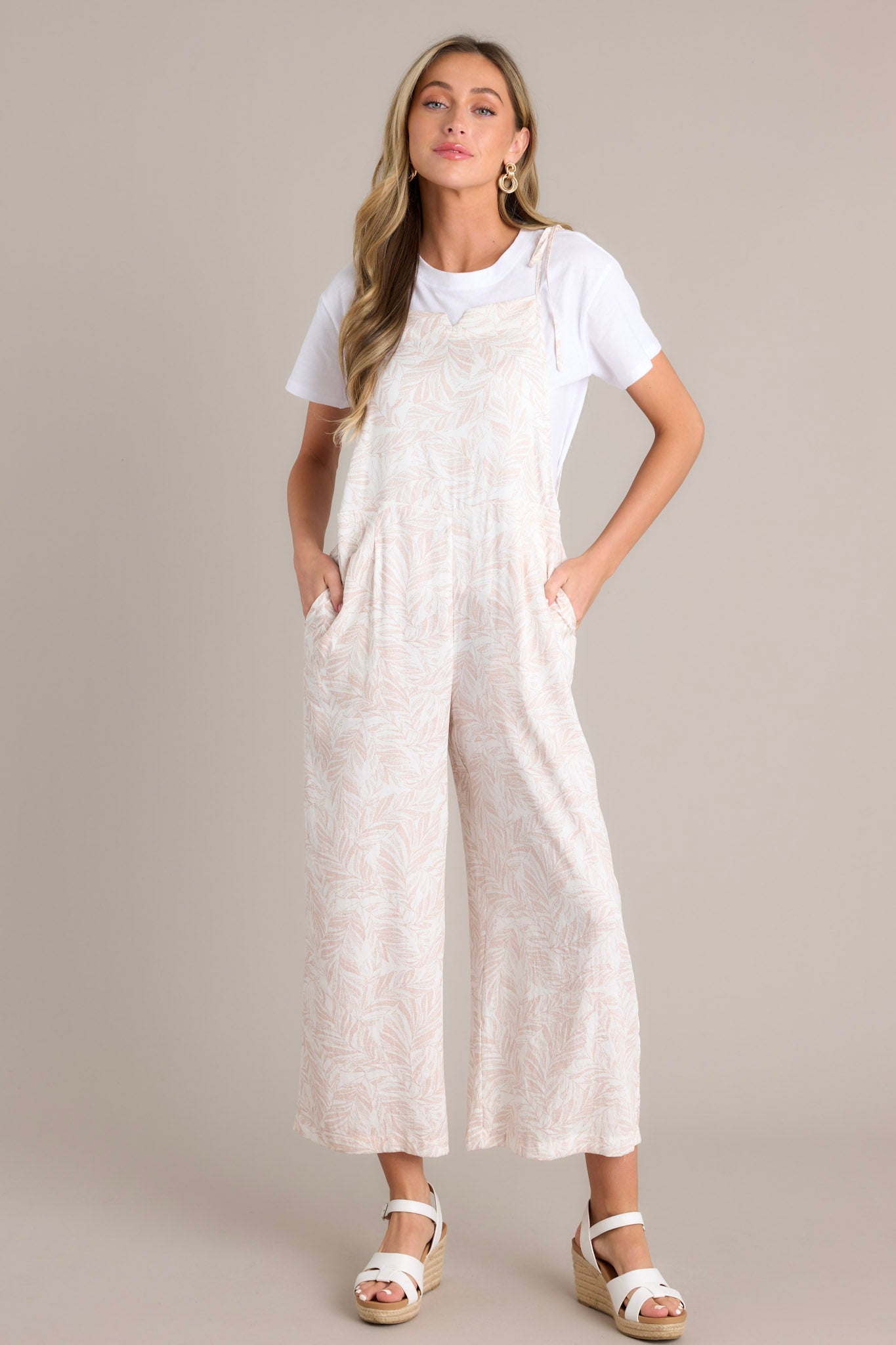 Palm Escape Natural Tropical Print Overalls
