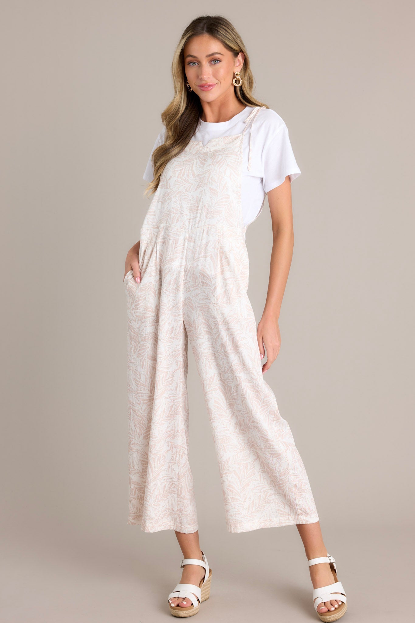 Palm Escape Natural Tropical Print Overalls