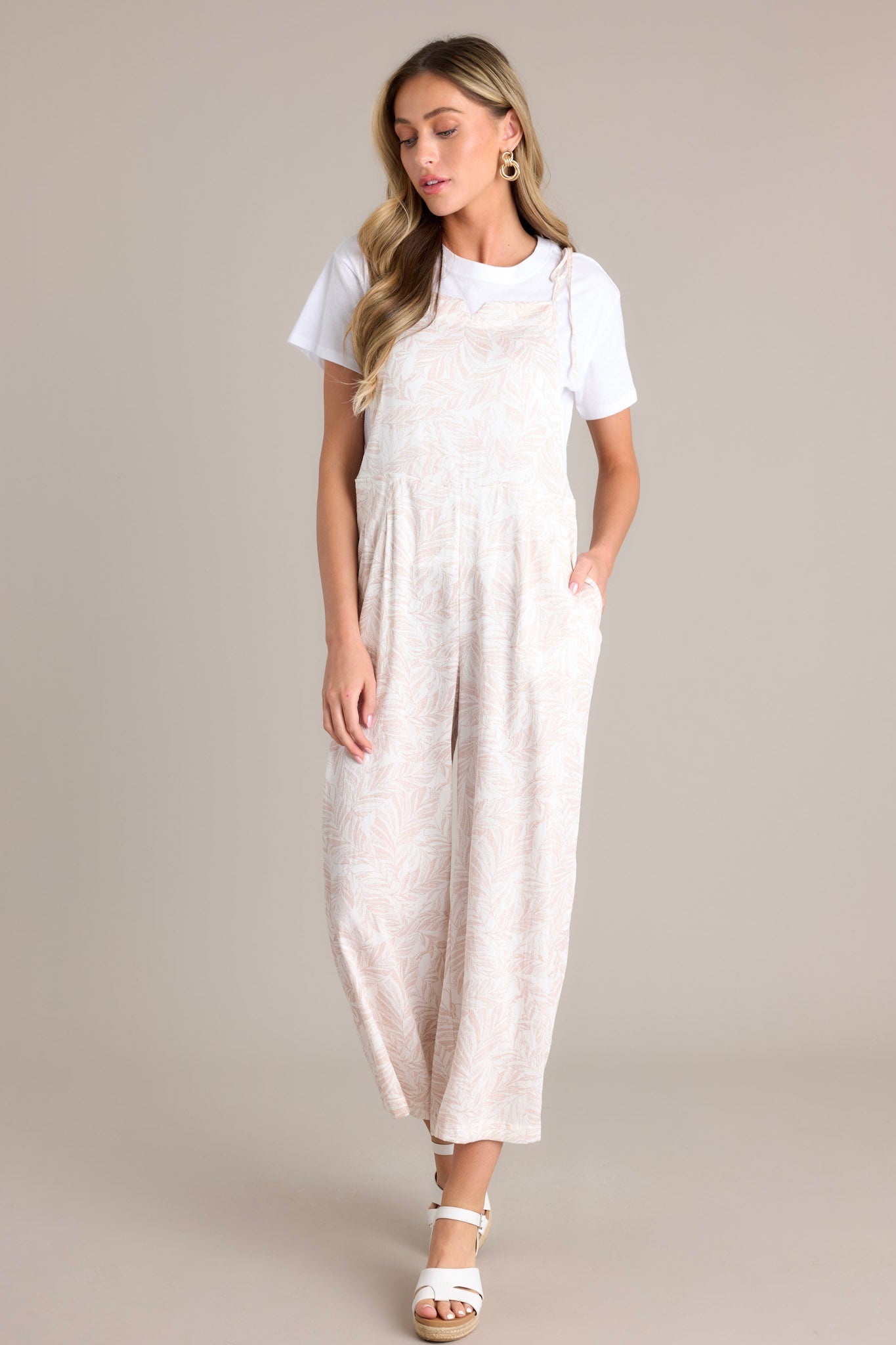 Palm Escape Natural Tropical Print Overalls