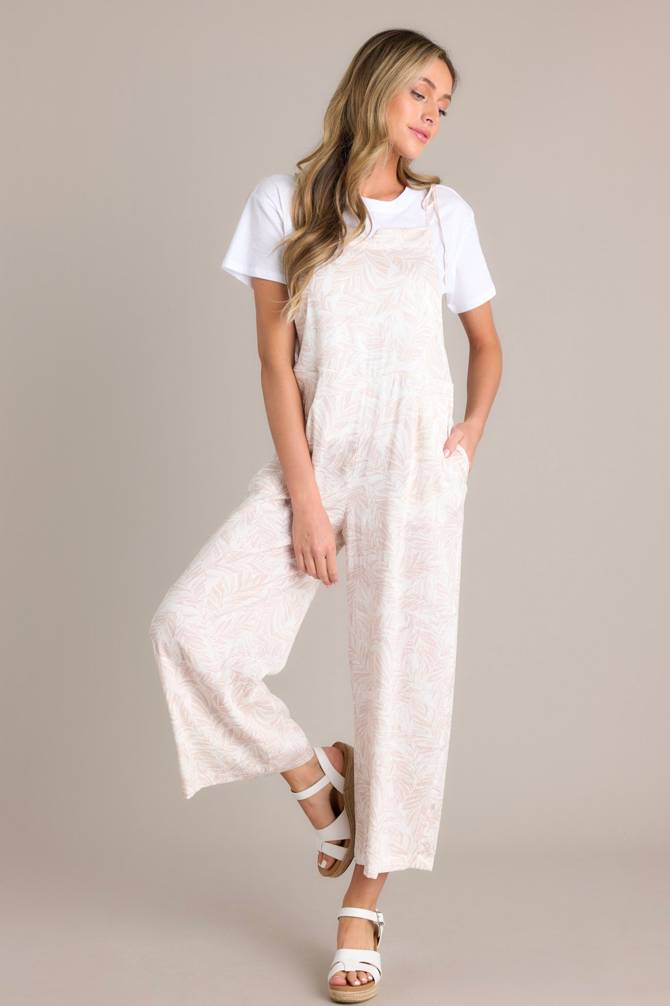 Palm Escape Natural Tropical Print Overalls